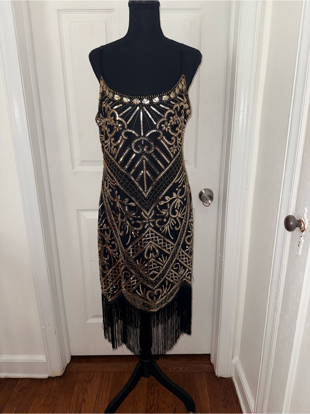 Black Fringe Flapper Dress with Gold Beaded Art Deco Design
